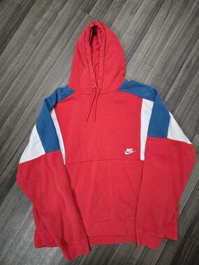 Vintage Nike Men’s Red Hoodie with Blue & White Panels Size Extra Large